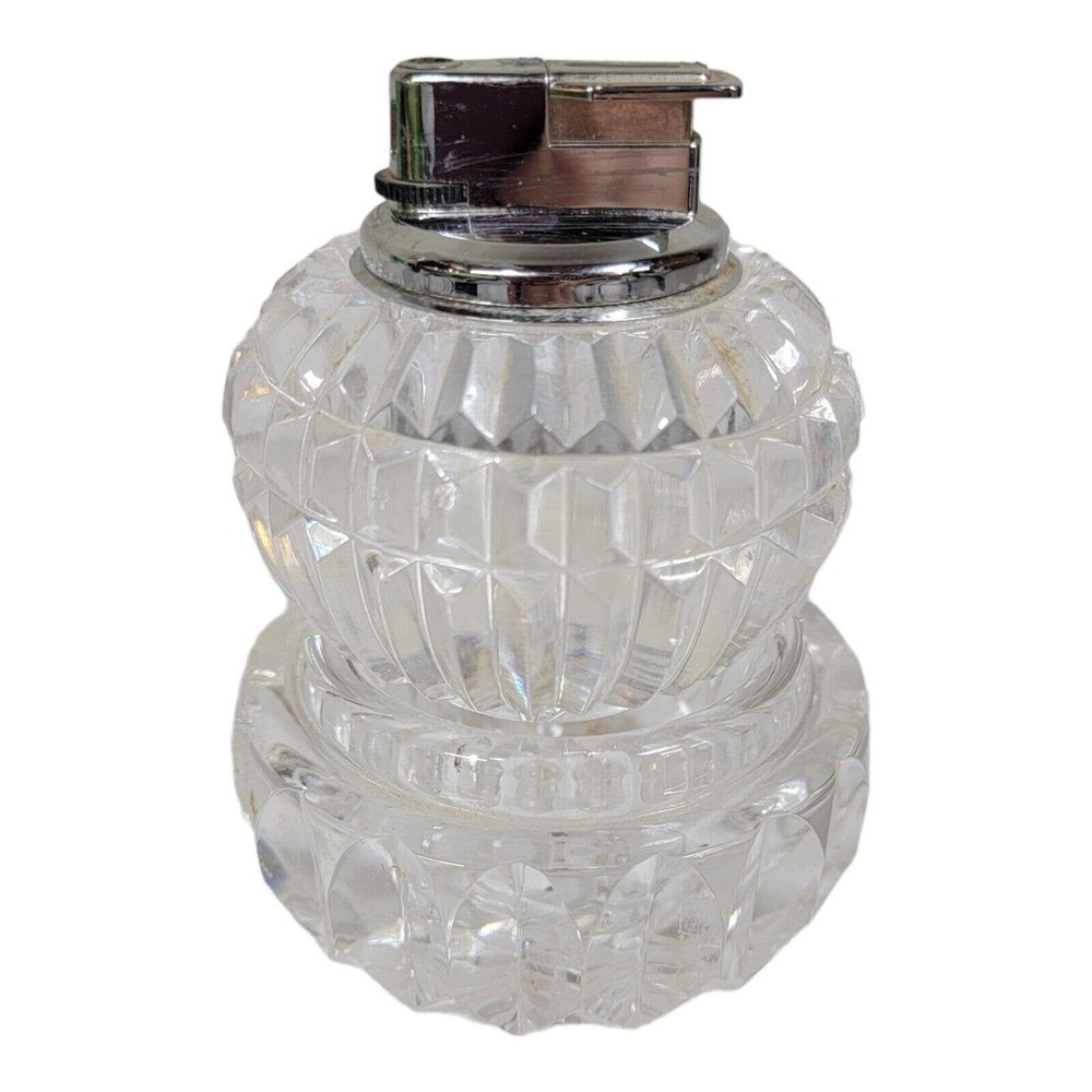 Vintage‎ Table Desk Lighter Push Button Cut Glass Ball Ashtray Stackable